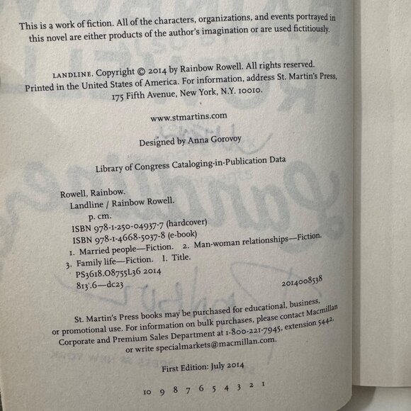 Rainbow Rowell Landline Hardcover Signed 1st Ed 2014 Hardcover DJ Humor - Picture 3 of 14